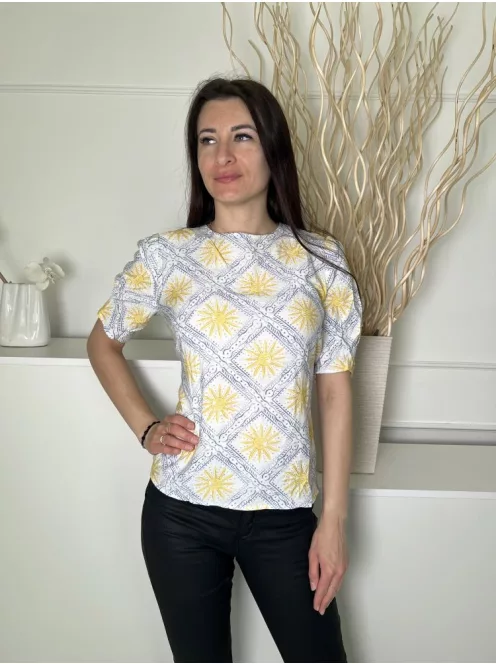 Primark (M) Fehér Sárga-Kék Mintás, Hátul Nyakban Gombos Hátul Megkötős Felső