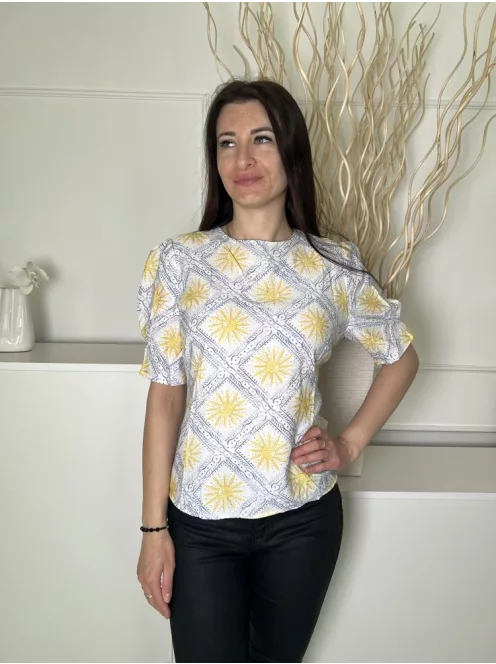 Primark (M) Fehér Sárga-Kék Mintás, Hátul Nyakban Gombos Hátul Megkötős Felső