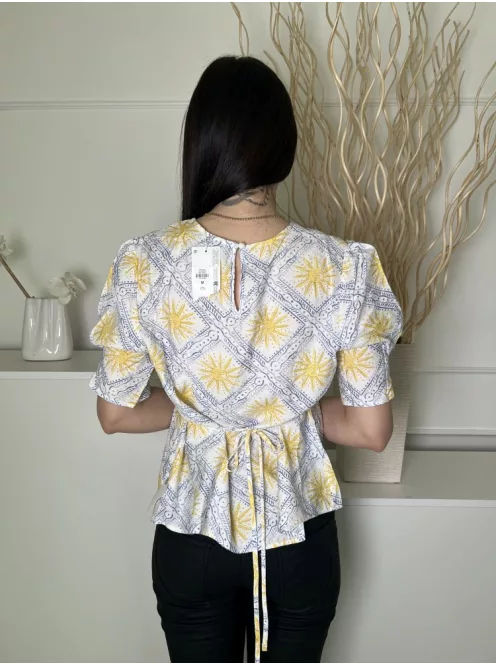 Primark (M) Fehér Sárga-Kék Mintás, Hátul Nyakban Gombos Hátul Megkötős Felső