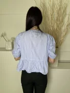 Primark (M) Kék Fehér Csíkos, Elől Végig Megkötős Gumis Ujjvégű, Fodros Aljú, 100% Pamut Felső