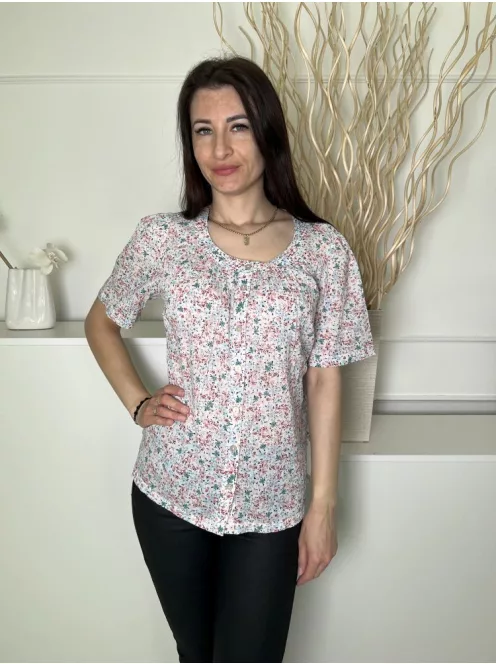 M&Co (S) Fehér Apró Színes Mintás, Elől Végig Gombos Kerek Nyakú, 100% Pamut Felső