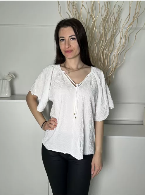 F&F (M) Fehér Anyagában Mintás, Nyakban Megköthető BőUjjú Felső