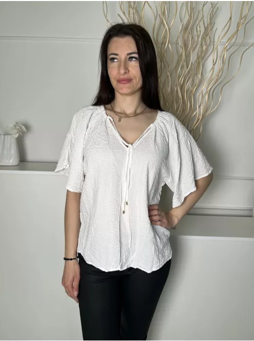 F&F (M) Fehér Anyagában Mintás, Nyakban Megköthető BőUjjú Felső