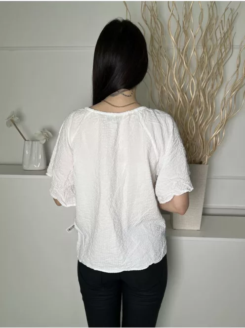 F&F (M) Fehér Anyagában Mintás, Nyakban Megköthető BőUjjú Felső