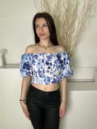 H&M (S) Fehér Kék Virágos, Darázsolt Ejtett Gumis Vállú, Buggyos Ujjú Felső