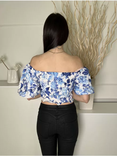 H&M (S) Fehér Kék Virágos, Darázsolt Ejtett Gumis Vállú, Buggyos Ujjú Felső