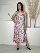 Pranella (M) Kék Narancs Virágos, Fodros Aljú Bélelt, Hátul Mélykivágású Ruha