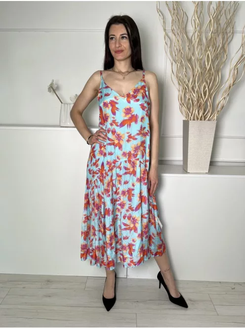 Pranella (M) Kék Narancs Virágos, Fodros Aljú Bélelt, Hátul Mélykivágású Ruha