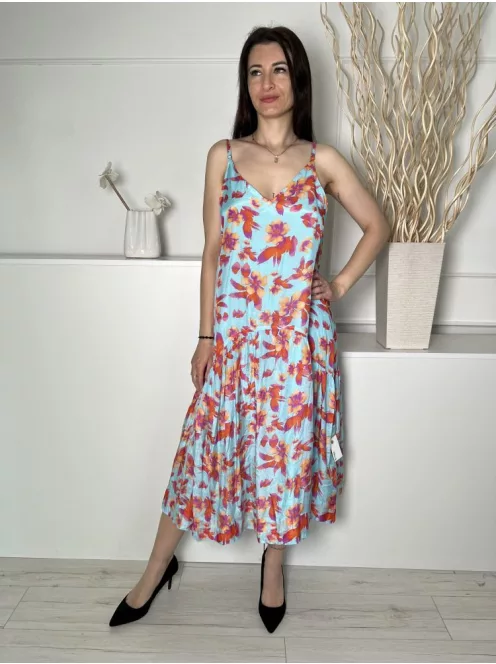 Pranella (M) Kék Narancs Virágos, Fodros Aljú Bélelt, Hátul Mélykivágású Ruha