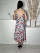 Pranella (M) Kék Narancs Virágos, Fodros Aljú Bélelt, Hátul Mélykivágású Ruha