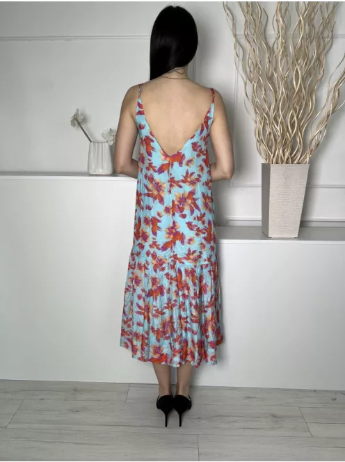 Pranella (M) Kék Narancs Virágos, Fodros Aljú Bélelt, Hátul Mélykivágású Ruha