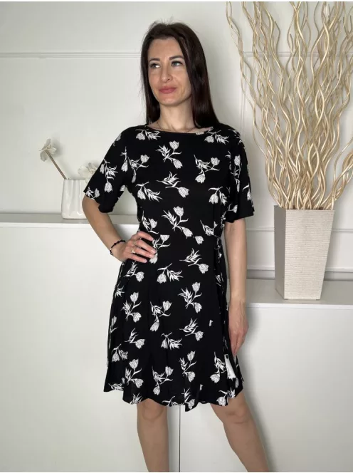 ÚJ Peacocks (M) Fekete Fehér Virágos, Hátul Nyakban Gombos, Derékban Díszöves Csónak Nyakú, Derékban Szabott Ruha