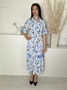 H&M (M) Fehér Kék Virágos, Elől Végig Gombos Derékban Megköthető, Galléros Ruha