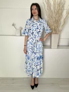 H&M (M) Fehér Kék Virágos, Elől Végig Gombos Derékban Megköthető, Galléros Ruha