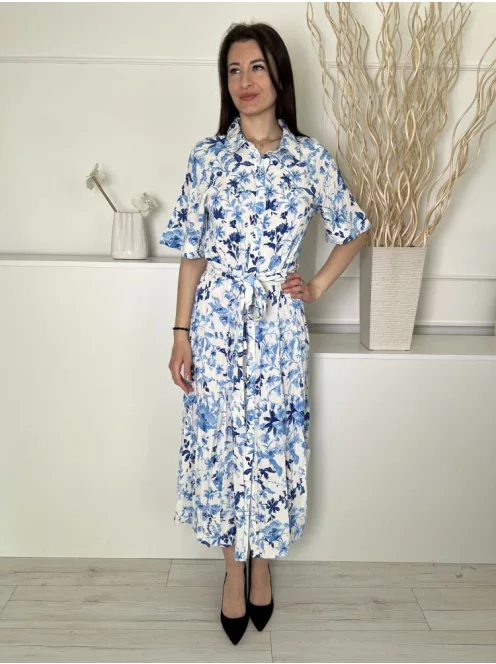 H&M (M) Fehér Kék Virágos, Elől Végig Gombos Derékban Megköthető, Galléros Ruha