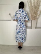 H&M (M) Fehér Kék Virágos, Elől Végig Gombos Derékban Megköthető, Galléros Ruha