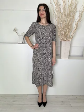    (M) Fekete Barna Apró Virágos, Ujjvégén Megköthető Hátul Nyakban Gombos, Fodros Aljú Ruha