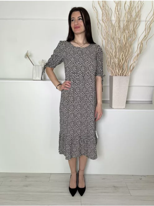  (M) Fekete Barna Apró Virágos, Ujjvégén Megköthető Hátul Nyakban Gombos, Fodros Aljú Ruha