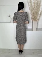  (M) Fekete Barna Apró Virágos, Ujjvégén Megköthető Hátul Nyakban Gombos, Fodros Aljú Ruha