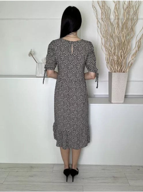  (M) Fekete Barna Apró Virágos, Ujjvégén Megköthető Hátul Nyakban Gombos, Fodros Aljú Ruha