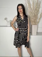  (M) Fekete Barna-Drapp Pöttyös, Mellnél Gombos Lenge Fazonú Ruha