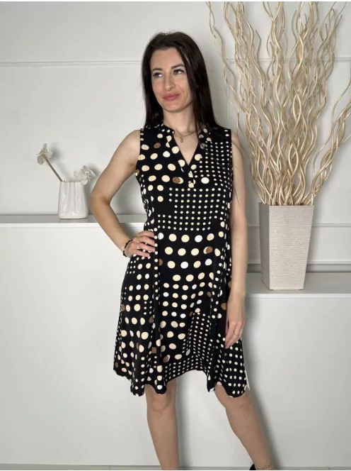  (M) Fekete Barna-Drapp Pöttyös, Mellnél Gombos Lenge Fazonú Ruha