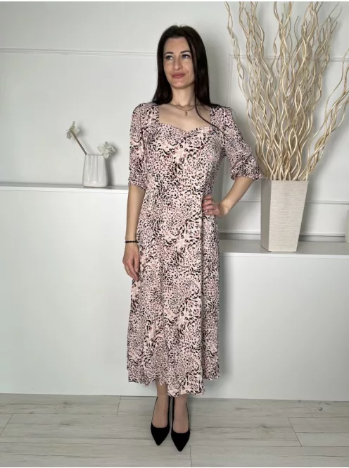 Papaya (M) Púderszínű Fekete Foltmintás, Kocka Kivágású Derékban Szabott, Gumis Ujjvégű Ruha