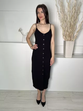   H&M (M) Fekete Elől Díszgombos, Anyagában Bordázott Pántos Ruha