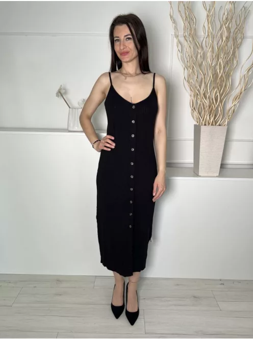 H&M (M) Fekete Elől Díszgombos, Anyagában Bordázott Pántos Ruha