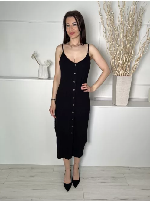 H&M (M) Fekete Elől Díszgombos, Anyagában Bordázott Pántos Ruha