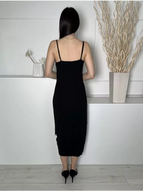 H&M (M) Fekete Elől Díszgombos, Anyagában Bordázott Pántos Ruha