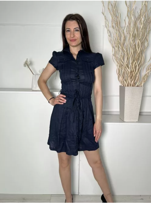 Mango (XS) Sötétkék Elől Végig Gombos, Derékban Megkötős Anyagában Mintás, Buggyos Vállú Ruha