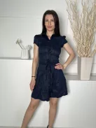 Mango (XS) Sötétkék Elől Végig Gombos, Derékban Megkötős Anyagában Mintás, Buggyos Vállú Ruha