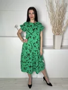 New Look (S) Zöld Fekete Mintás, Fodros Ujjvégű Derékban Szabott, Kerek Nyakú, 100% Pamut Ruha