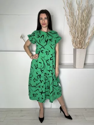   New Look (S) Zöld Fekete Mintás, Fodros Ujjvégű Derékban Szabott, Kerek Nyakú, 100% Pamut Ruha