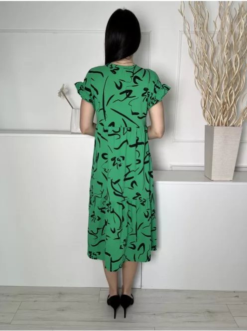 New Look (S) Zöld Fekete Mintás, Fodros Ujjvégű Derékban Szabott, Kerek Nyakú, 100% Pamut Ruha