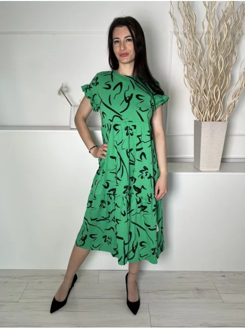 New Look (S) Zöld Fekete Mintás, Fodros Ujjvégű Derékban Szabott, Kerek Nyakú, 100% Pamut Ruha