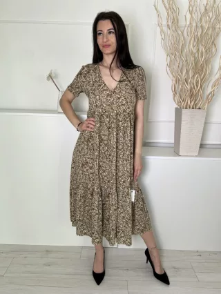   ZARA (S) Khaki Apró Drapp Virágos, V Kivágású Fodros Aljú Ruha