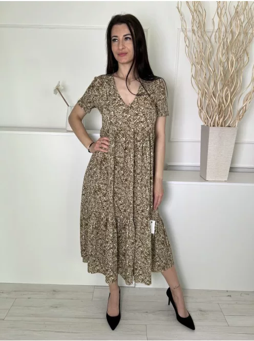 ZARA (S) Khaki Apró Drapp Virágos, V Kivágású Fodros Aljú Ruha