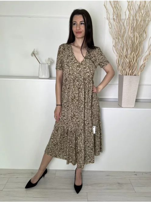 ZARA (S) Khaki Apró Drapp Virágos, V Kivágású Fodros Aljú Ruha