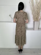 ZARA (S) Khaki Apró Drapp Virágos, V Kivágású Fodros Aljú Ruha