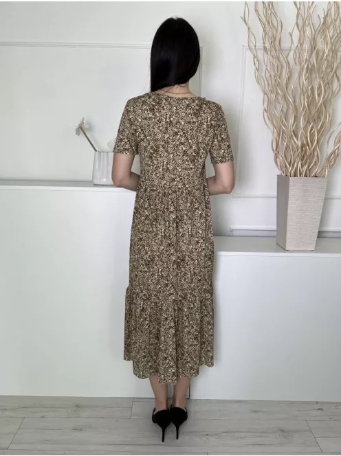 ZARA (S) Khaki Apró Drapp Virágos, V Kivágású Fodros Aljú Ruha