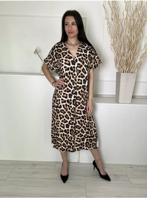 H&M (S) Sárgásbarna Fekete Foltmintás, V Kivágású Bőfazonú Ruha