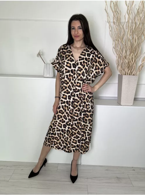 H&M (S) Sárgásbarna Fekete Foltmintás, V Kivágású Bőfazonú Ruha