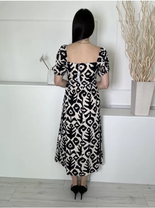 ÚJ Next (S) Világos Drapp Fekete Mintás, Oldalt Cipzáros Kocka Kivágású, 100% Pamut Alapanyagú Ruha