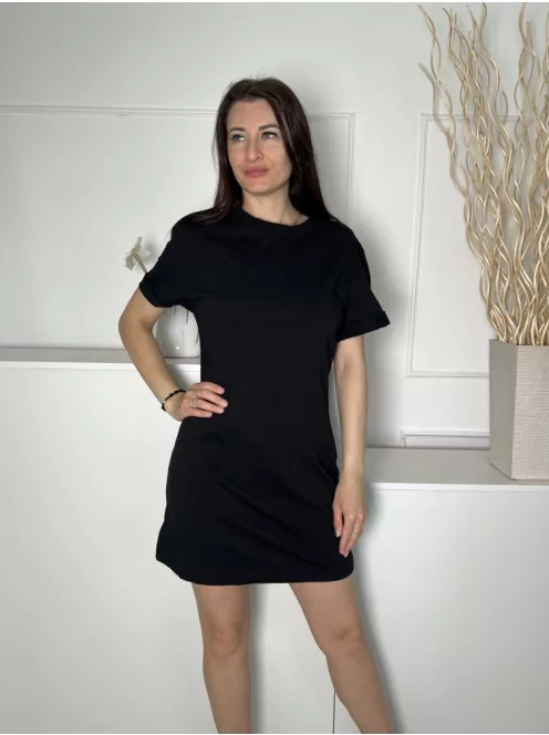 H&M (S) Fekete Felvarrt Ujjvégű Kerek Nyakú, 100% Pamut Ruha