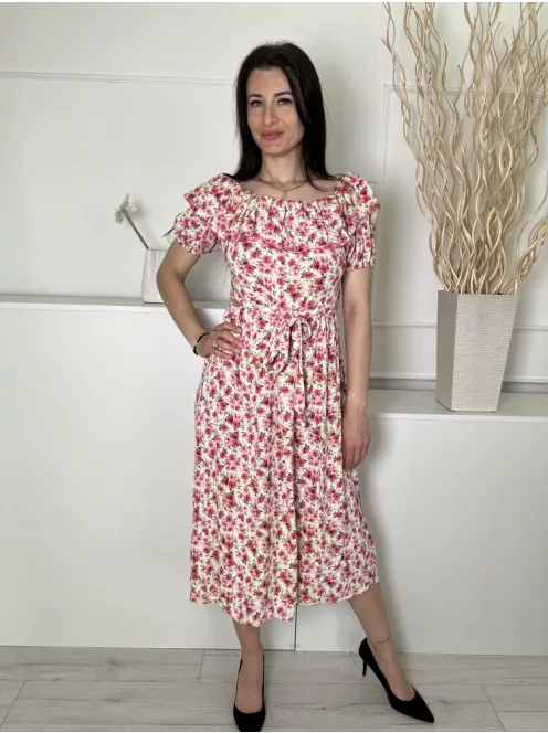 F&F (M) Kmszínű Rózsaszín Virágos, Felül Fodros Szegélyű Derékban Megkötős, Gumis Ujjvégű Ruha