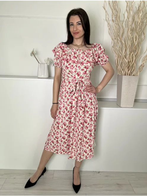 F&F (M) Kmszínű Rózsaszín Virágos, Felül Fodros Szegélyű Derékban Megkötős, Gumis Ujjvégű Ruha