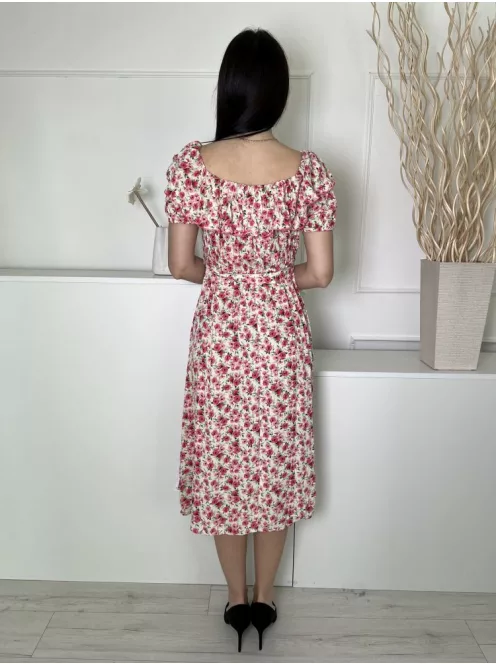 F&F (M) Kmszínű Rózsaszín Virágos, Felül Fodros Szegélyű Derékban Megkötős, Gumis Ujjvégű Ruha