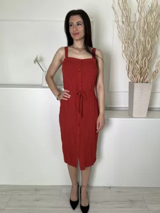   ÚJ Primark (M) Rőtbarna Elől Végig Gombos, Mellnél Zsebes Derékban Megkötős, Pántos Ruha